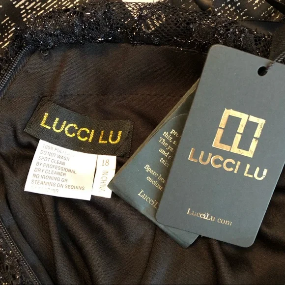 NEW LUCCI LU SZ 18 BLACK SLEEVELESS BEADED LACE FORMAL EVENING GOWN - Picture 12 of 15